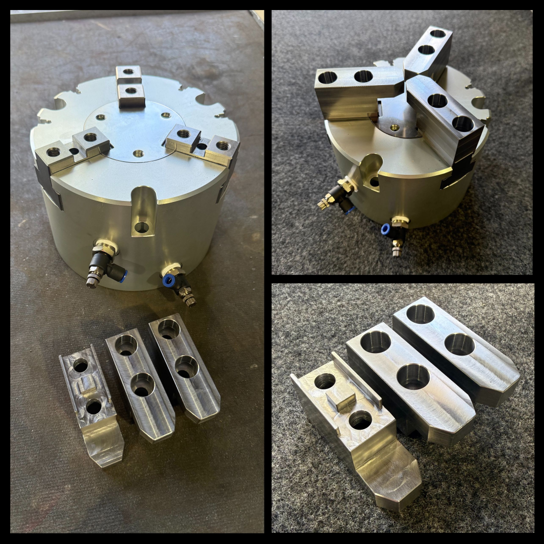 Custom 1045 steel soft jaws installed on pneumatic chuck with machined jaw set